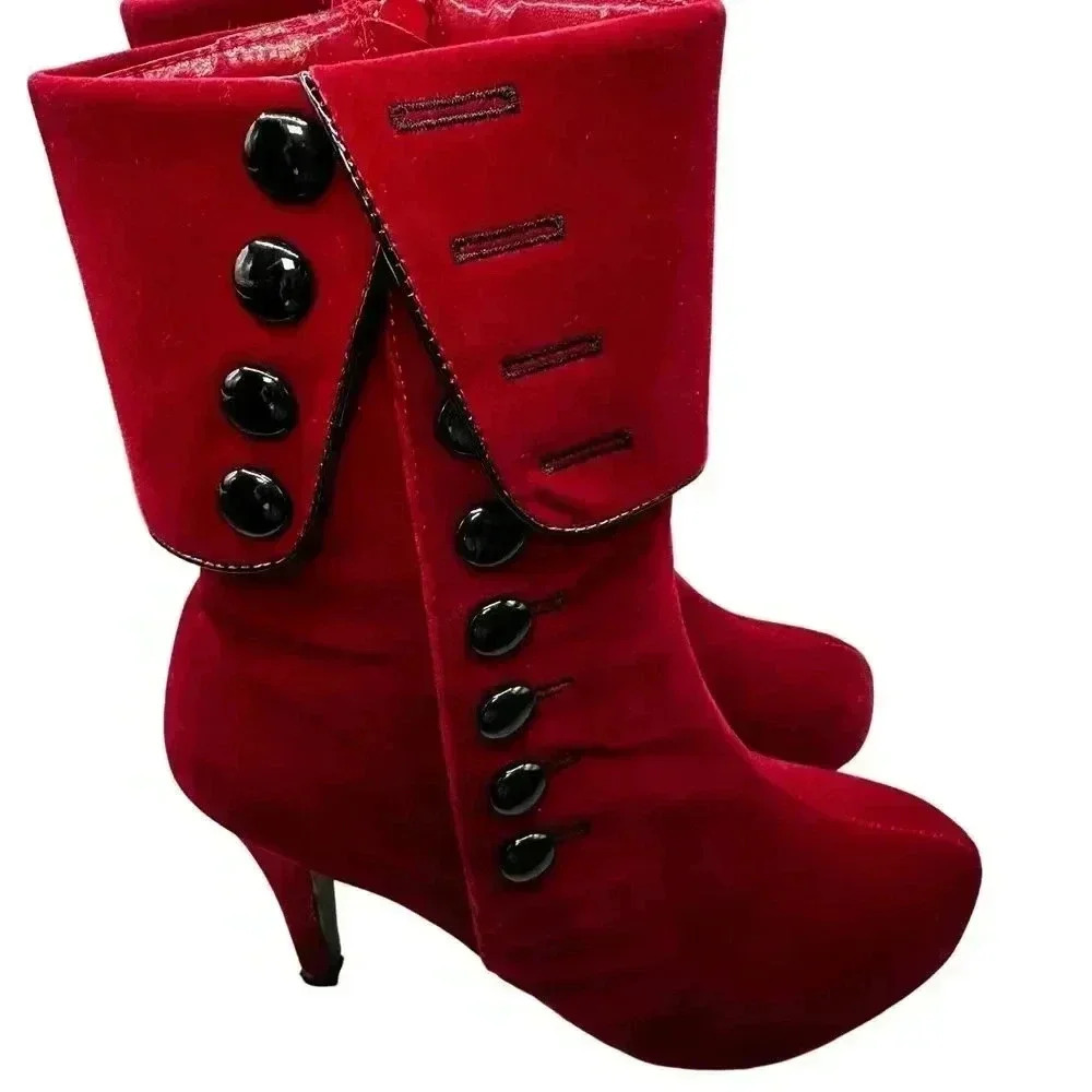 Red Velvet Victorian Inspired Platform Booties Button Accent Stiletto Heel - Picture 9 of 16